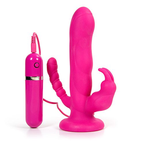 Hands free double penetration rabbit vibrator